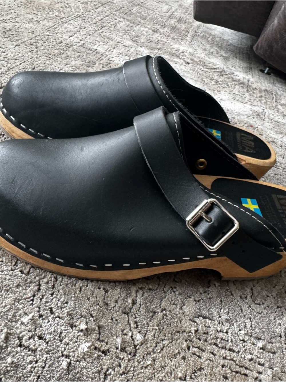MIA Swedish Black Leather Clog Mules with Buckle